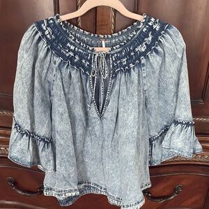 Free People Blue Smocked Ruffled Blouse